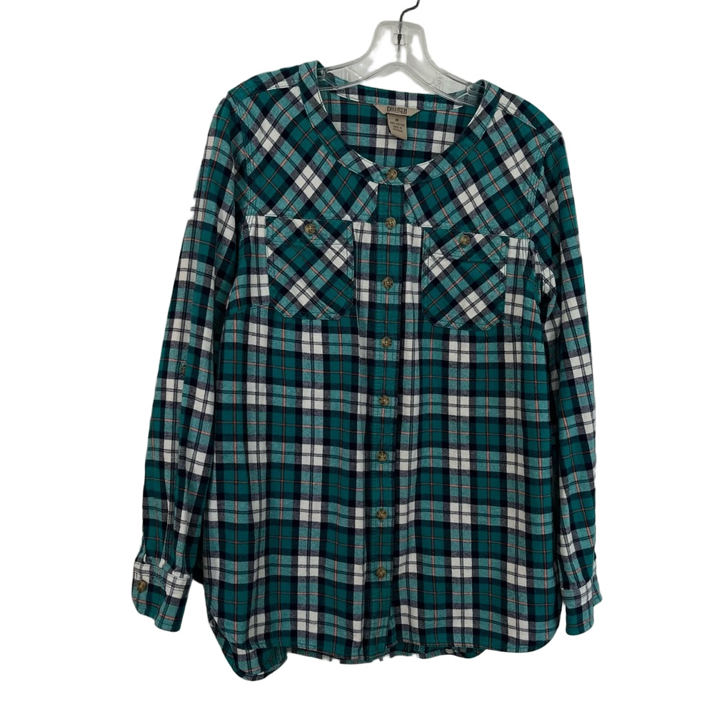 Deluth Trading Co Free Swingin Flannel Tunic Teal Plaid Button-Up Shirt M Gorp